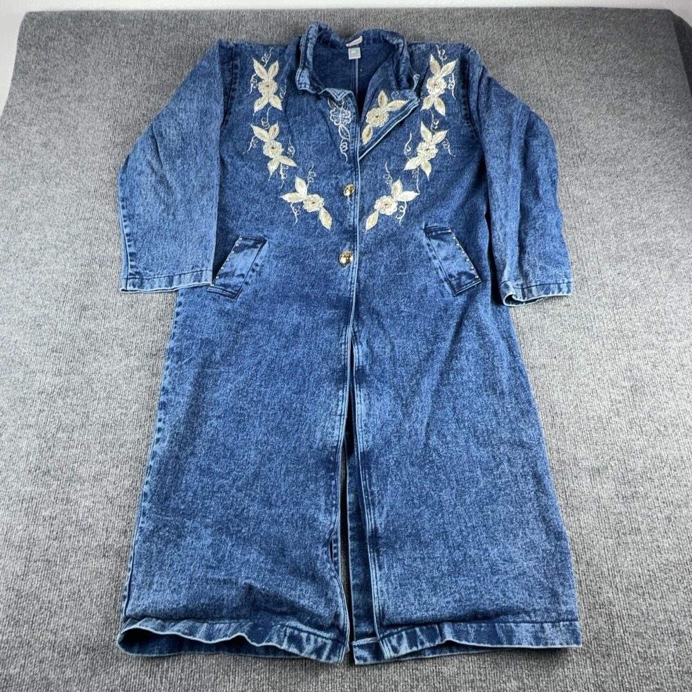 Passion Coat Womens Large Blue Denim Floral Embroidered Long Duster Boho Western